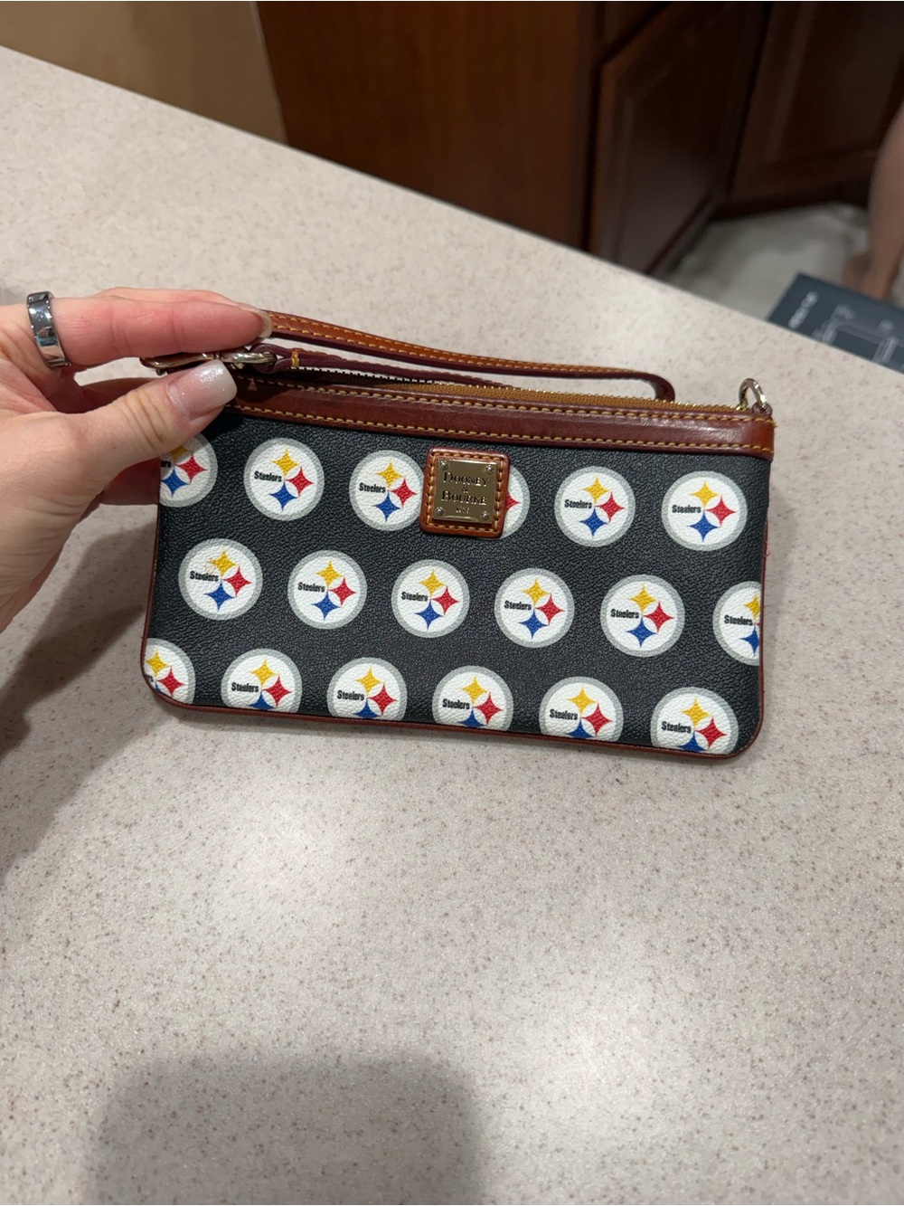 Dooney & Bourke Black Wristlet with Brown Trim and Multi-Color Steelers Motif